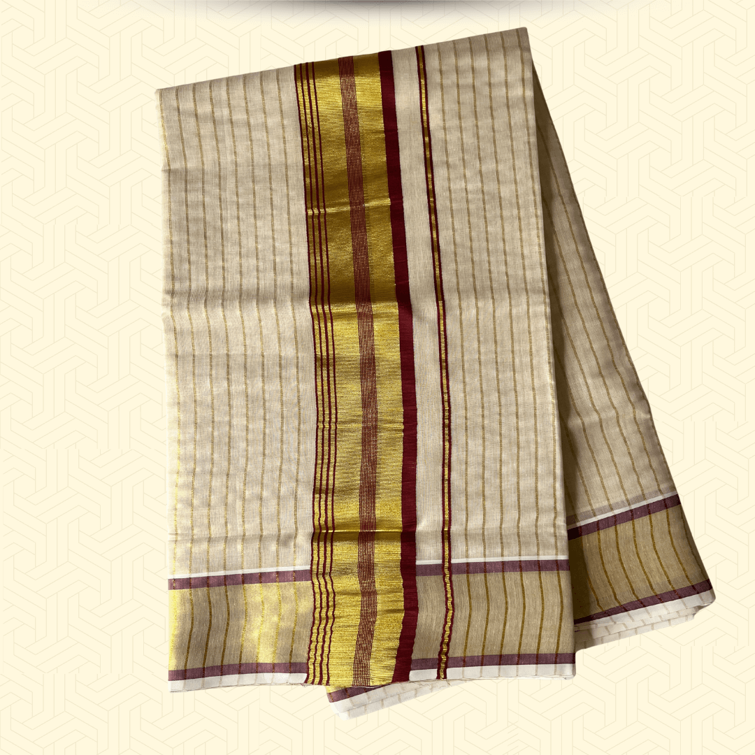 Balaramapuram Kasavu Tissue Cotton Saree – Golden Border with Maroon Stripes