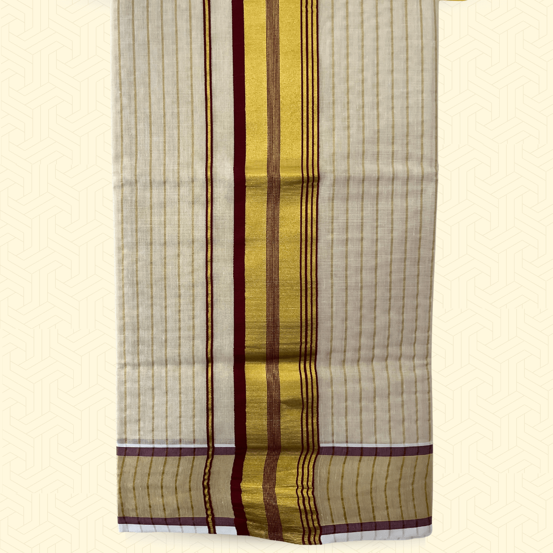 Balaramapuram Kasavu Tissue Cotton Saree – Golden Border with Maroon Stripes