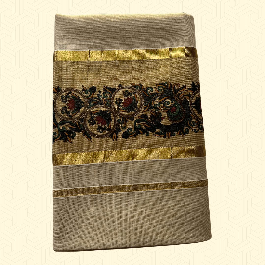Balaramapuram Kasavu Tissue Cotton Saree – Golden Border with Ornate Floral Motifs