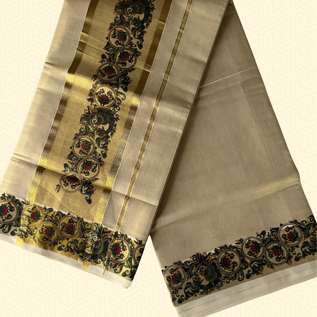Balaramapuram Kasavu Tissue Cotton Saree – Golden Border with Ornate Floral Motifs