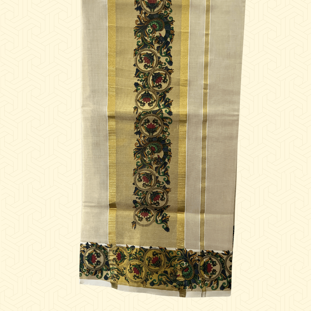 Balaramapuram Kasavu Tissue Cotton Saree – Golden Border with Ornate Floral Motifs