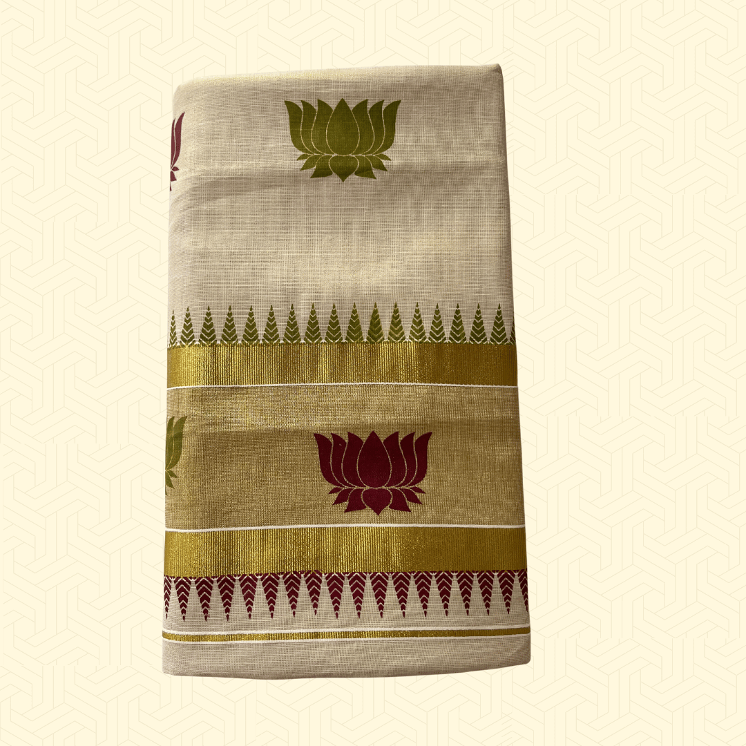 Balaramapuram Kasavu Saree – Golden Border with Maroon & Green Lotus Motifs (with Blouse Piece)