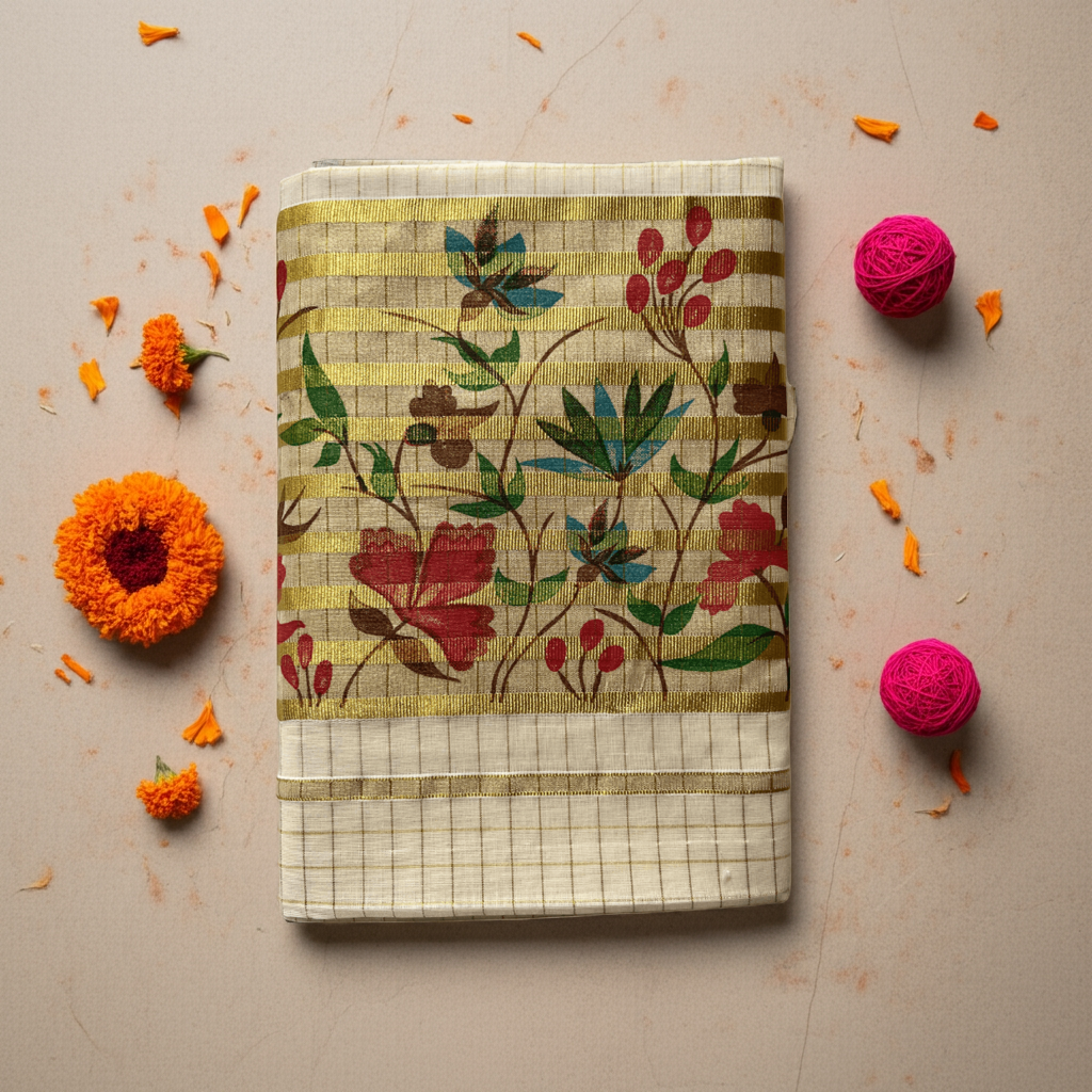 Handloom Onam Saree – Balaramapuram Kasavu Stripes with Multicolor Floral Motifs