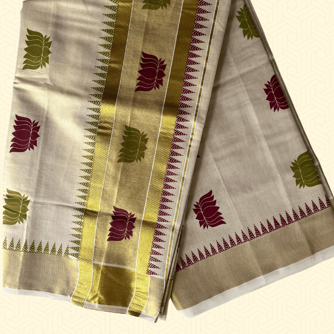 Balaramapuram Kasavu Saree – Golden Border with Maroon & Green Lotus Motifs (with Blouse Piece)