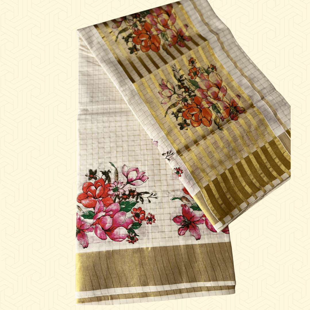 Balaramapuram Kasavu Saree – Checked Tissue Cotton with Multicolor Floral Print (with Blouse Piece)