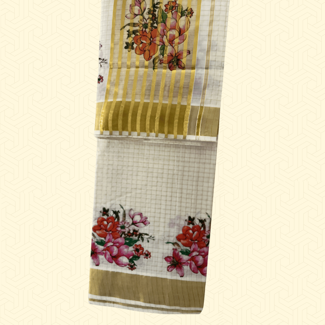 Balaramapuram Kasavu checked tissue cotton saree with golden stripes and multicolor floral print – House of Jashnn