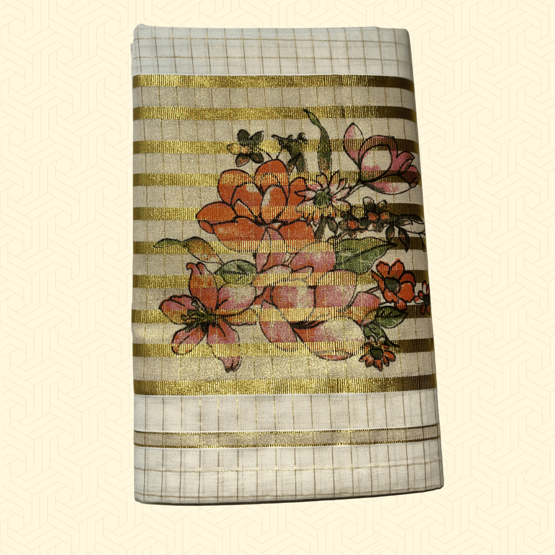 Balaramapuram Kasavu Saree – Checked Tissue Cotton with Multicolor Floral Print (with Blouse Piece)