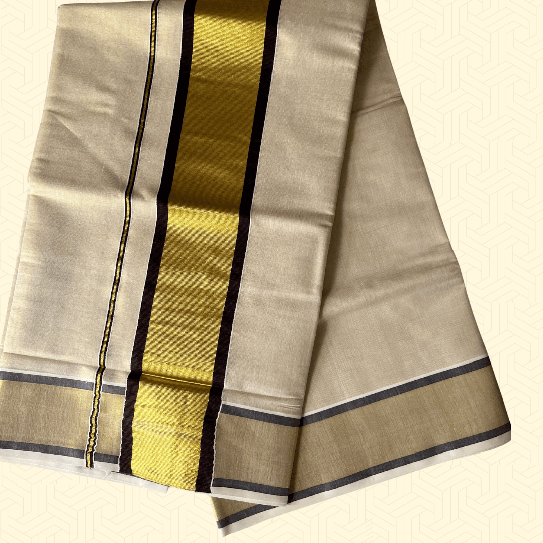 Balaramapuram Kasavu Saree – Golden Tissue Border with Coffee Brown Accents (with Blouse Piece)