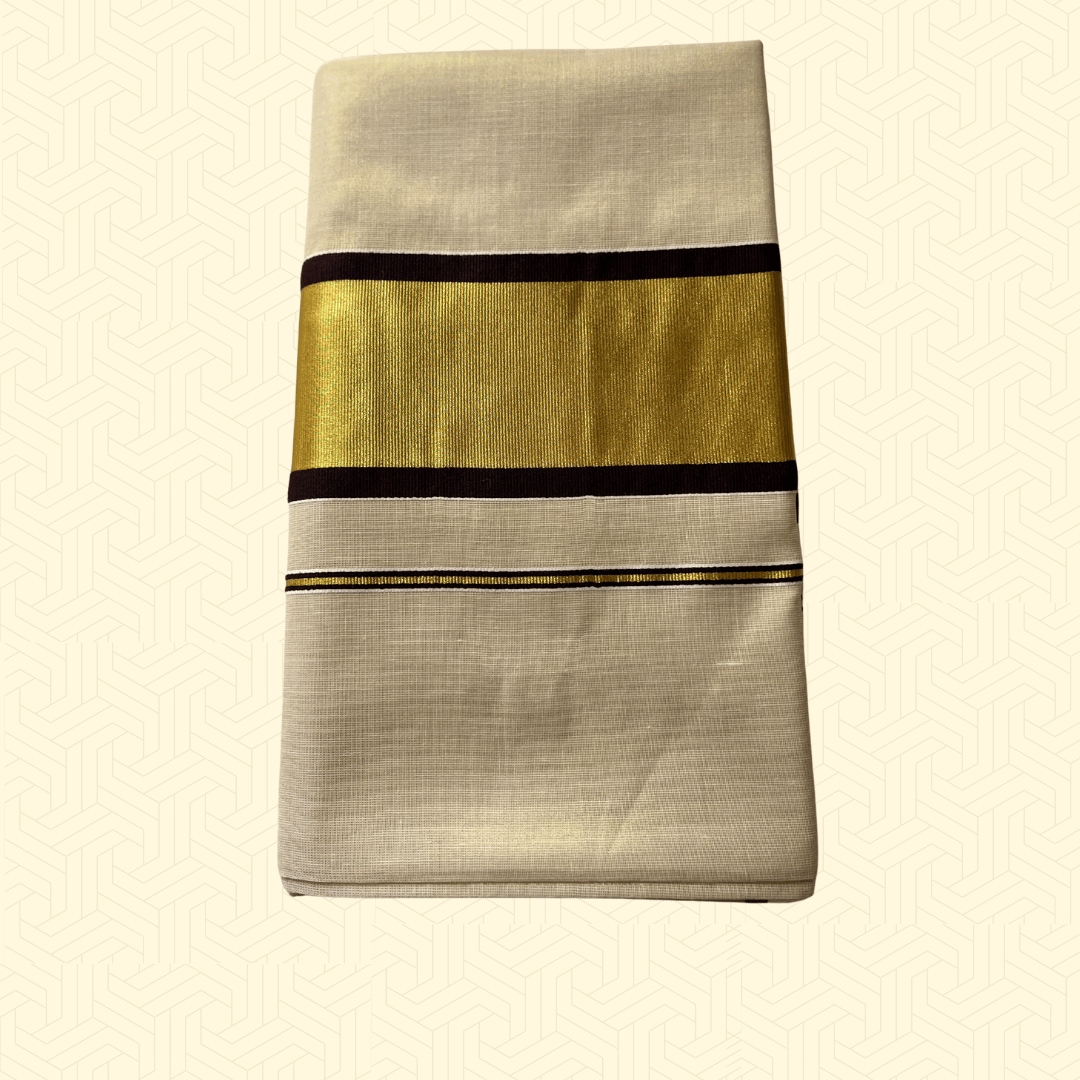 Balaramapuram Kasavu Saree – Golden Tissue Border with Coffee Brown Accents (with Blouse Piece)