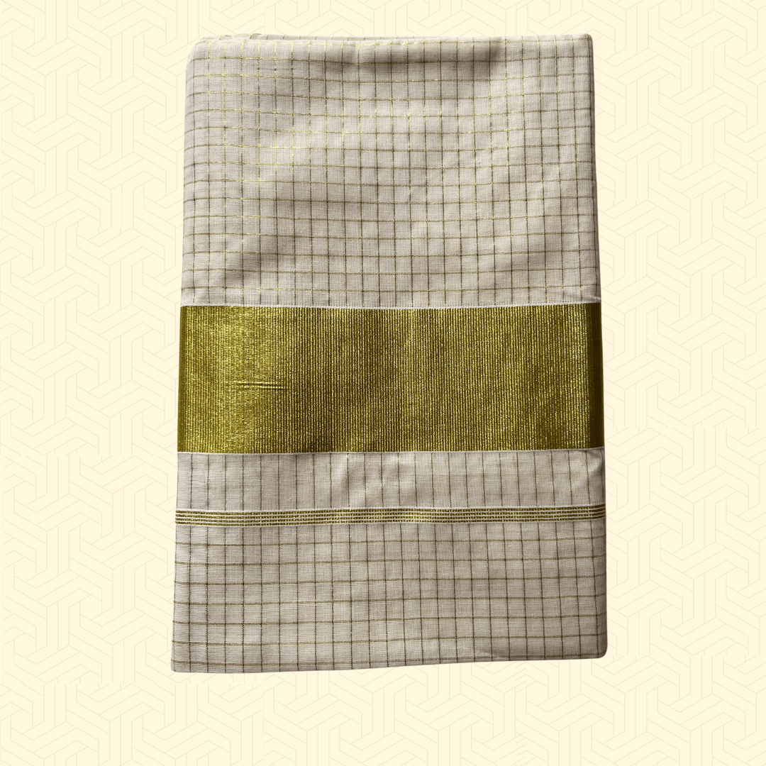 Balaramapuram Kasavu Saree – Checked Tissue Cotton with Broad Golden Border (with Blouse Piece)