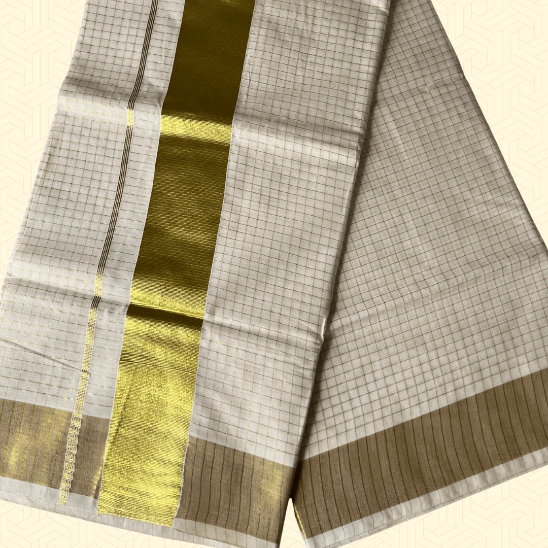 Balaramapuram Kasavu Saree – Checked Tissue Cotton with Broad Golden Border (with Blouse Piece)