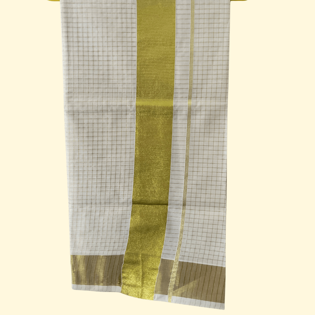 Balaramapuram Kasavu Saree – Checked Tissue Cotton with Broad Golden Border (with Blouse Piece)