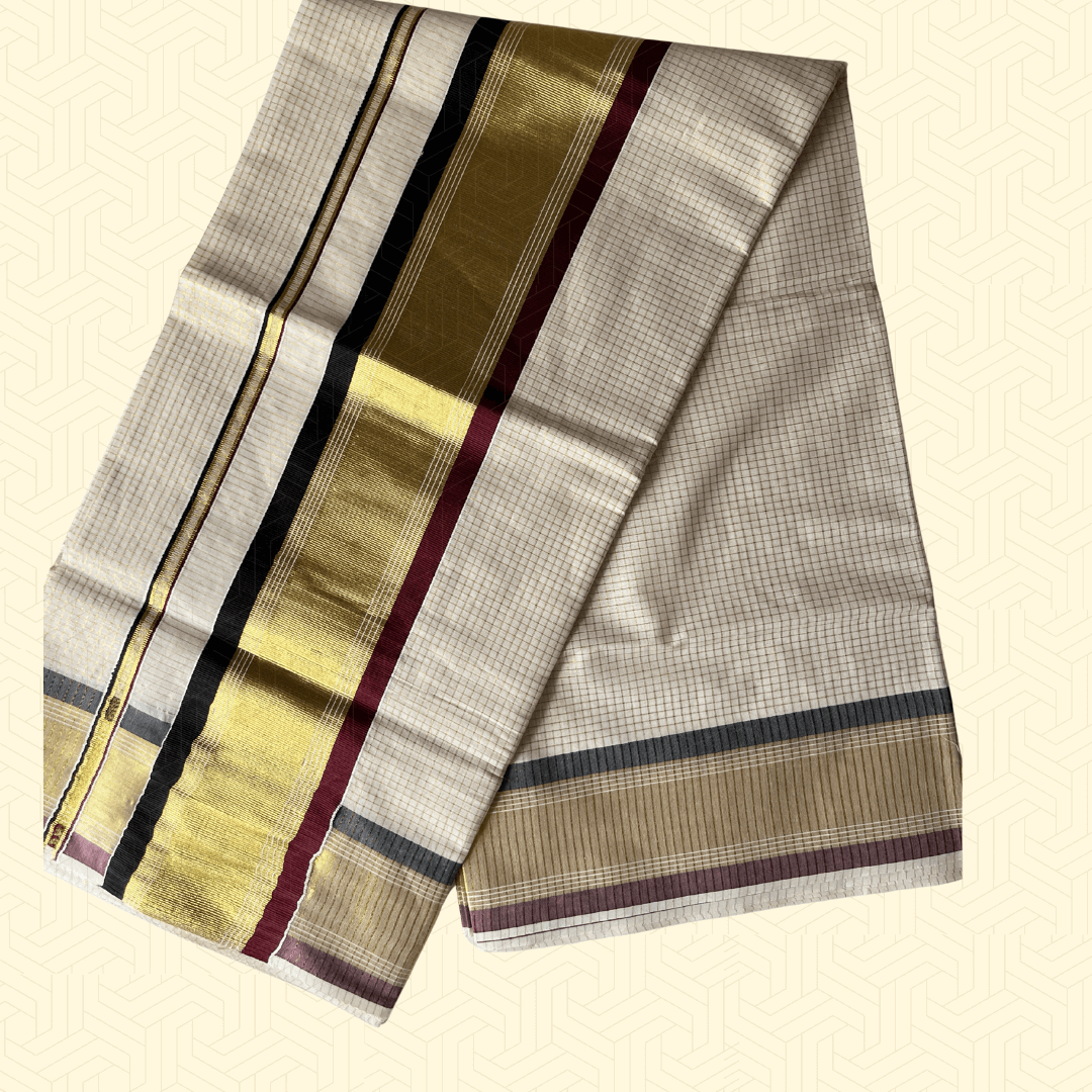 Balaramapuram Kasavu Saree – Checked Tissue Cotton with Golden Border & Maroon-Black Stripes (with Blouse Piece)