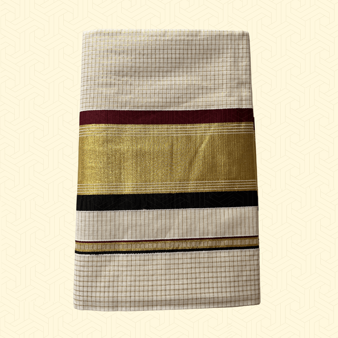 Balaramapuram Kasavu Saree – Checked Tissue Cotton with Golden Border & Maroon-Black Stripes (with Blouse Piece)