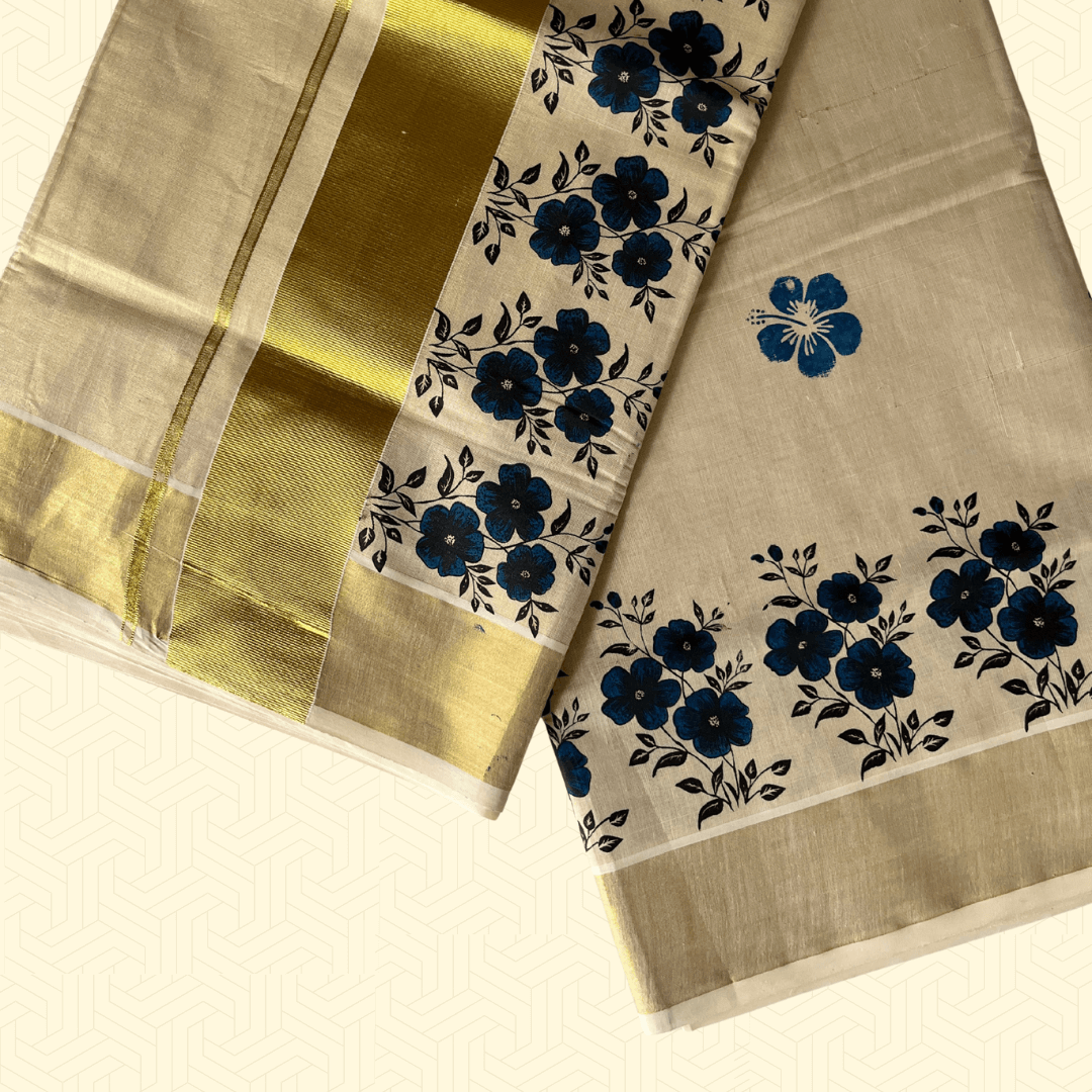 House of Jashnn Premium Balaramapuram Kasavu Saree – Golden Border with Blue Floral Motifs (with Blouse Piece)