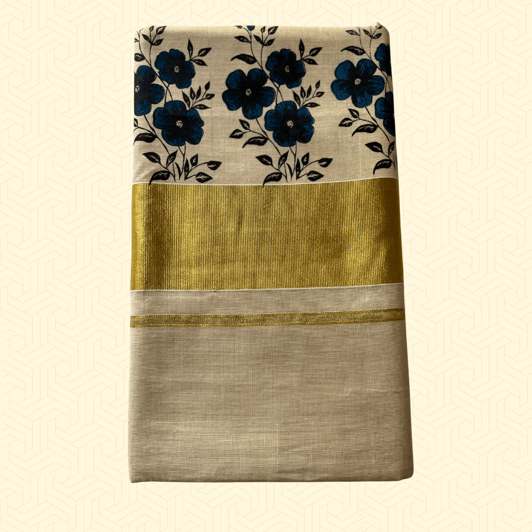 House of Jashnn Premium Balaramapuram Kasavu Saree – Golden Border with Blue Floral Motifs (with Blouse Piece)