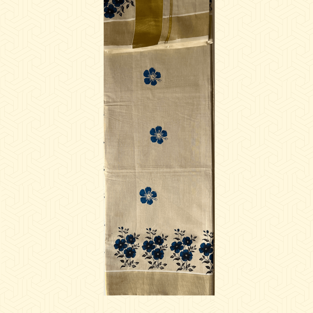 House of Jashnn Premium Balaramapuram Kasavu Saree – Golden Border with Blue Floral Motifs (with Blouse Piece)