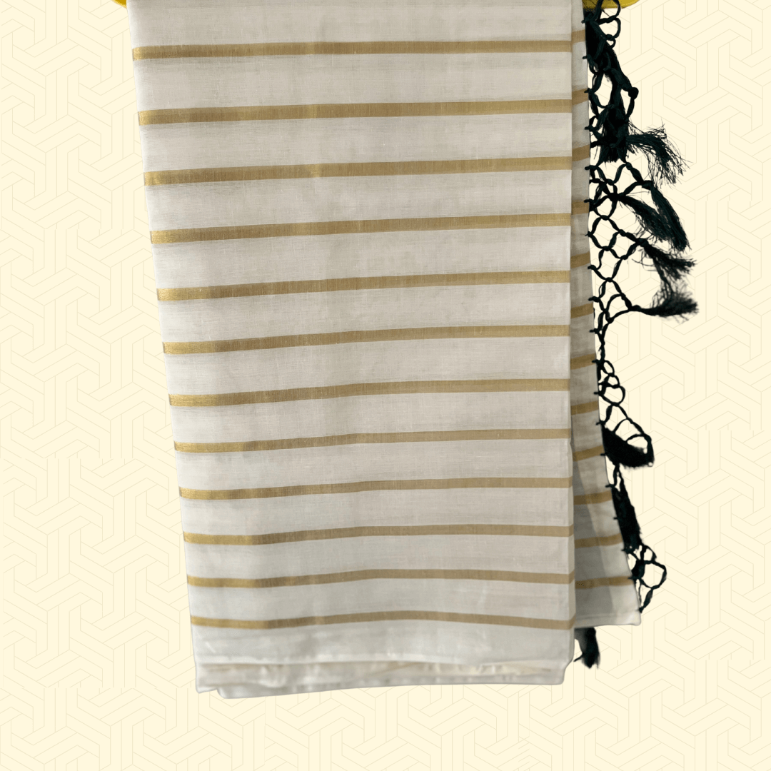 Balaramapuram Kasavu Cotton Saree – Golden Stripes with Green Tassel Pallu (with Blouse Piece)