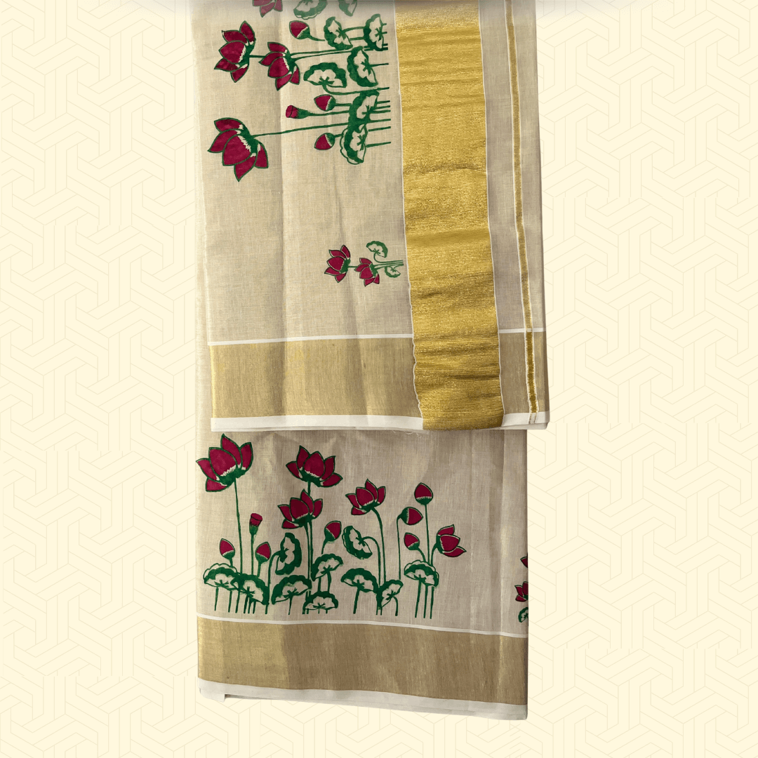 Handloom Onam Set Saree – Kerala Kasavu with Lotus Print