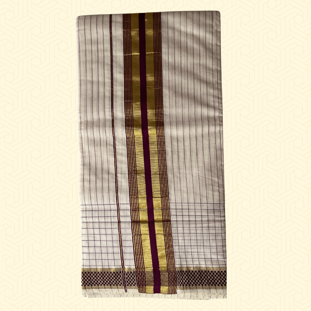 Balaramapuram Kasavu Saree – Checked Tissue Cotton with Golden & Purple Border (with Blouse Piece)