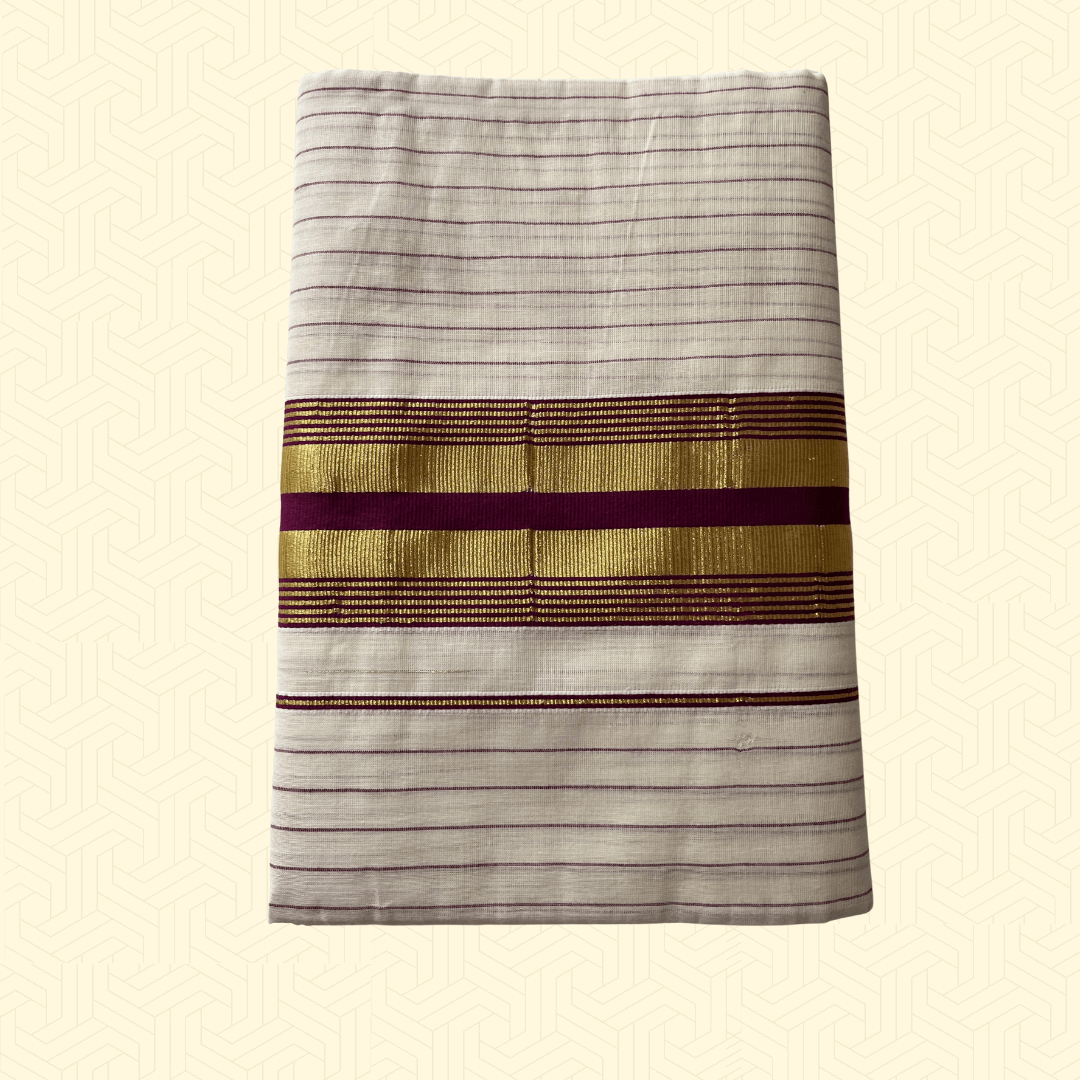 Balaramapuram Kasavu Saree – Checked Tissue Cotton with Golden & Purple Border (with Blouse Piece)