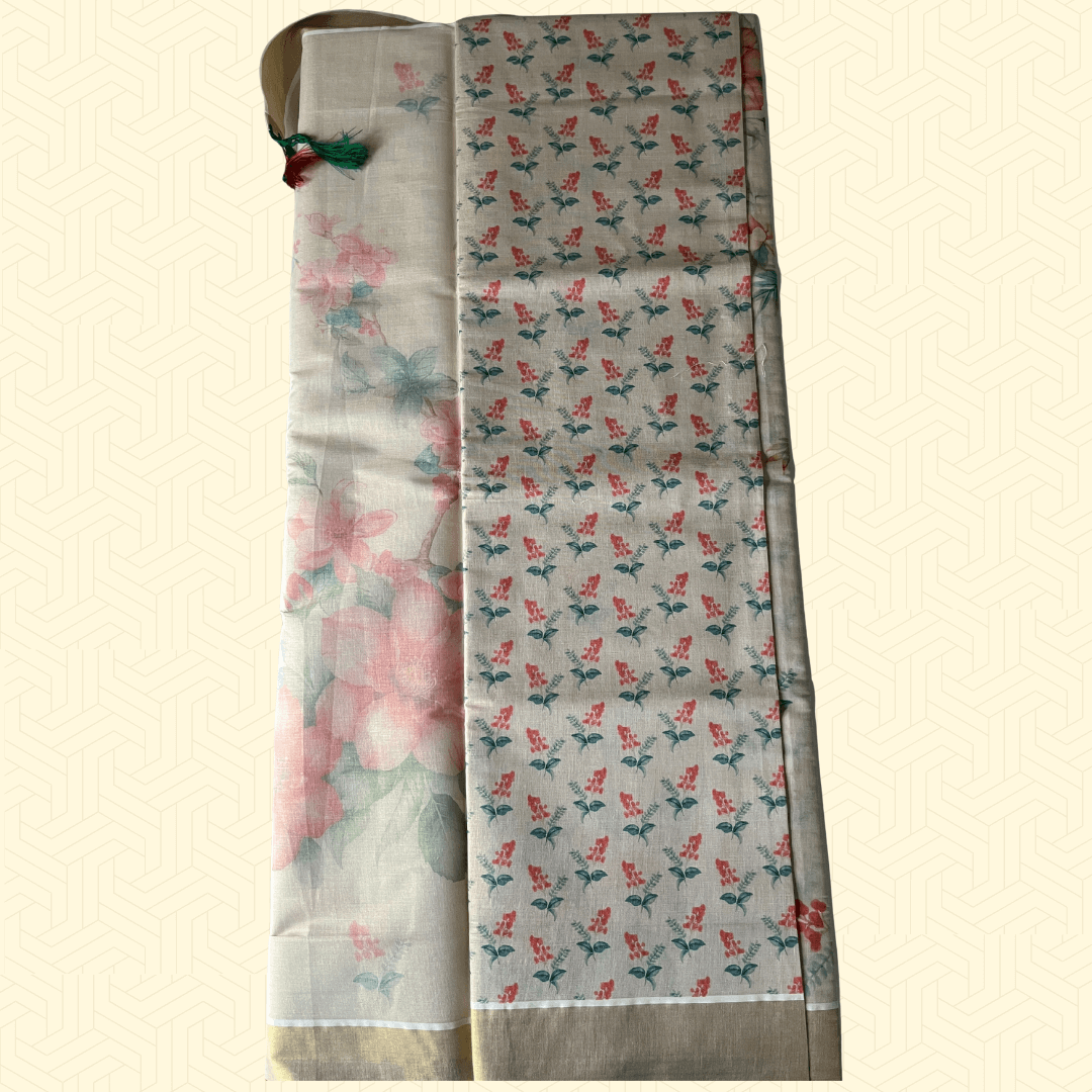 Premium Balaramapuram Kasavu Saree – Golden Border with Designer Floral Print & Tassel Pallu (with Blouse Piece)