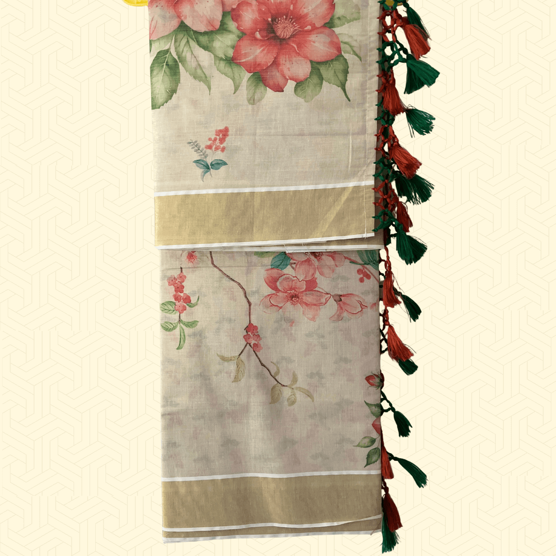 Premium Balaramapuram Kasavu Saree – Golden Border with Designer Floral Print & Tassel Pallu (with Blouse Piece)