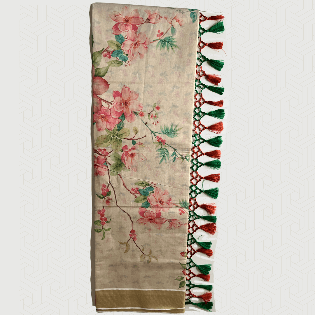 Premium Balaramapuram Kasavu Saree – Golden Border with Designer Floral Print & Tassel Pallu (with Blouse Piece)