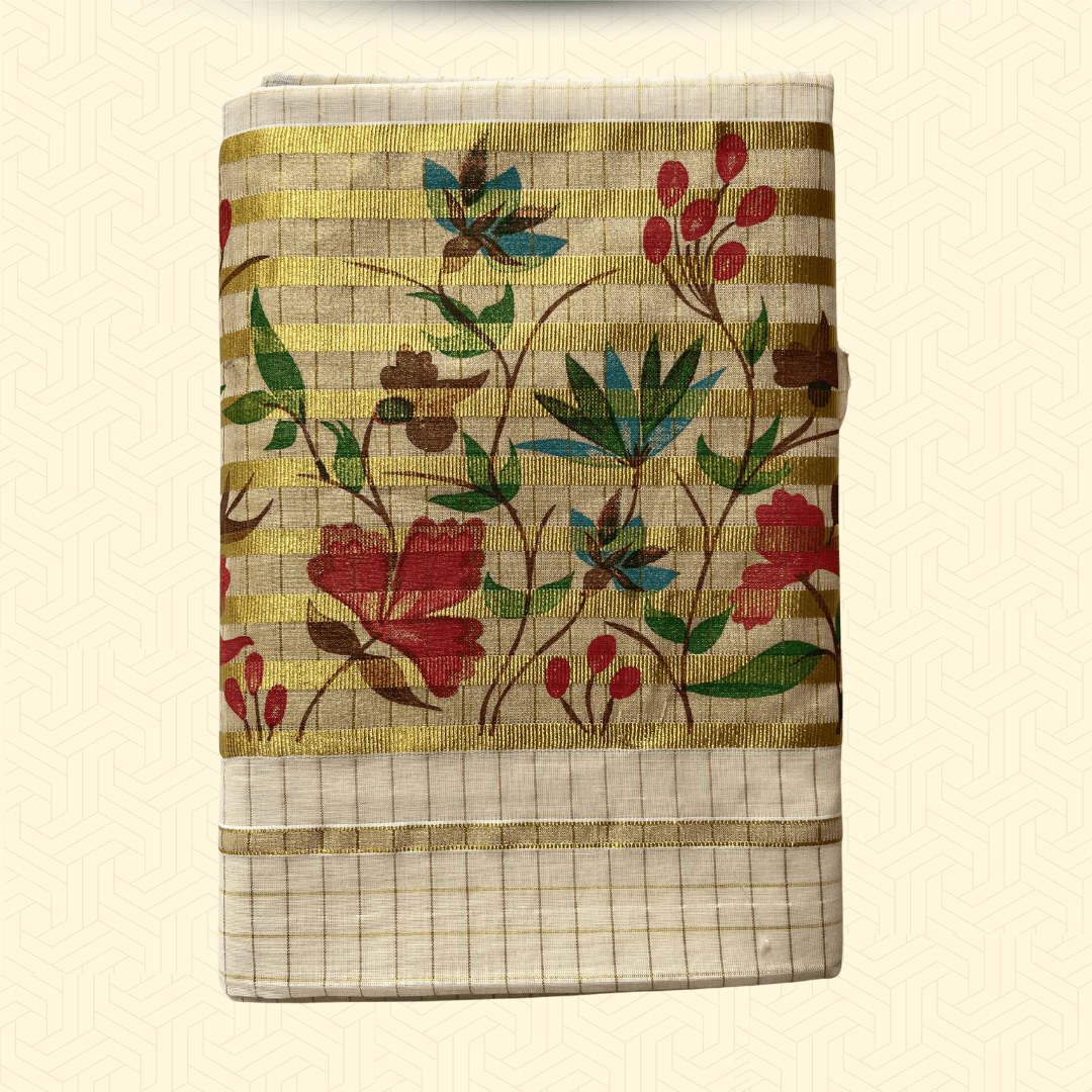 Handloom Onam Saree – Balaramapuram Kasavu Stripes with Multicolor Floral Motifs