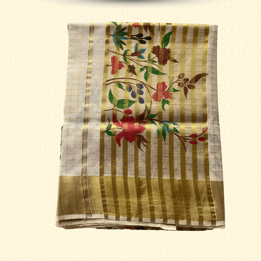 Handloom Onam Saree – Balaramapuram Kasavu Stripes with Multicolor Floral Motifs