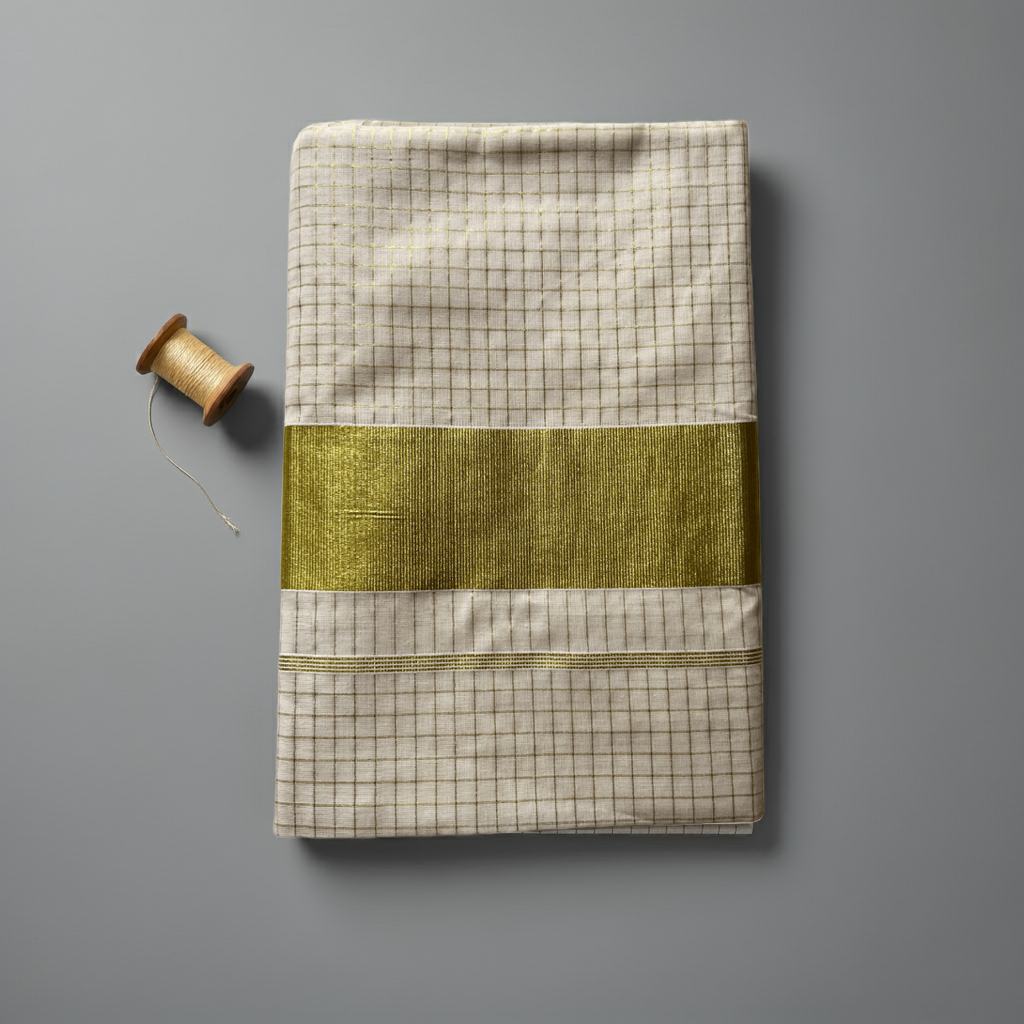 Balaramapuram Kasavu Saree – Checked Tissue Cotton with Broad Golden Border (with Blouse Piece)