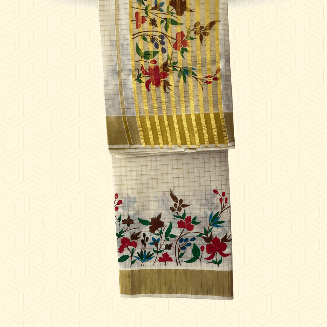 Handloom Onam Saree – Balaramapuram Kasavu Stripes with Multicolor Floral Motifs