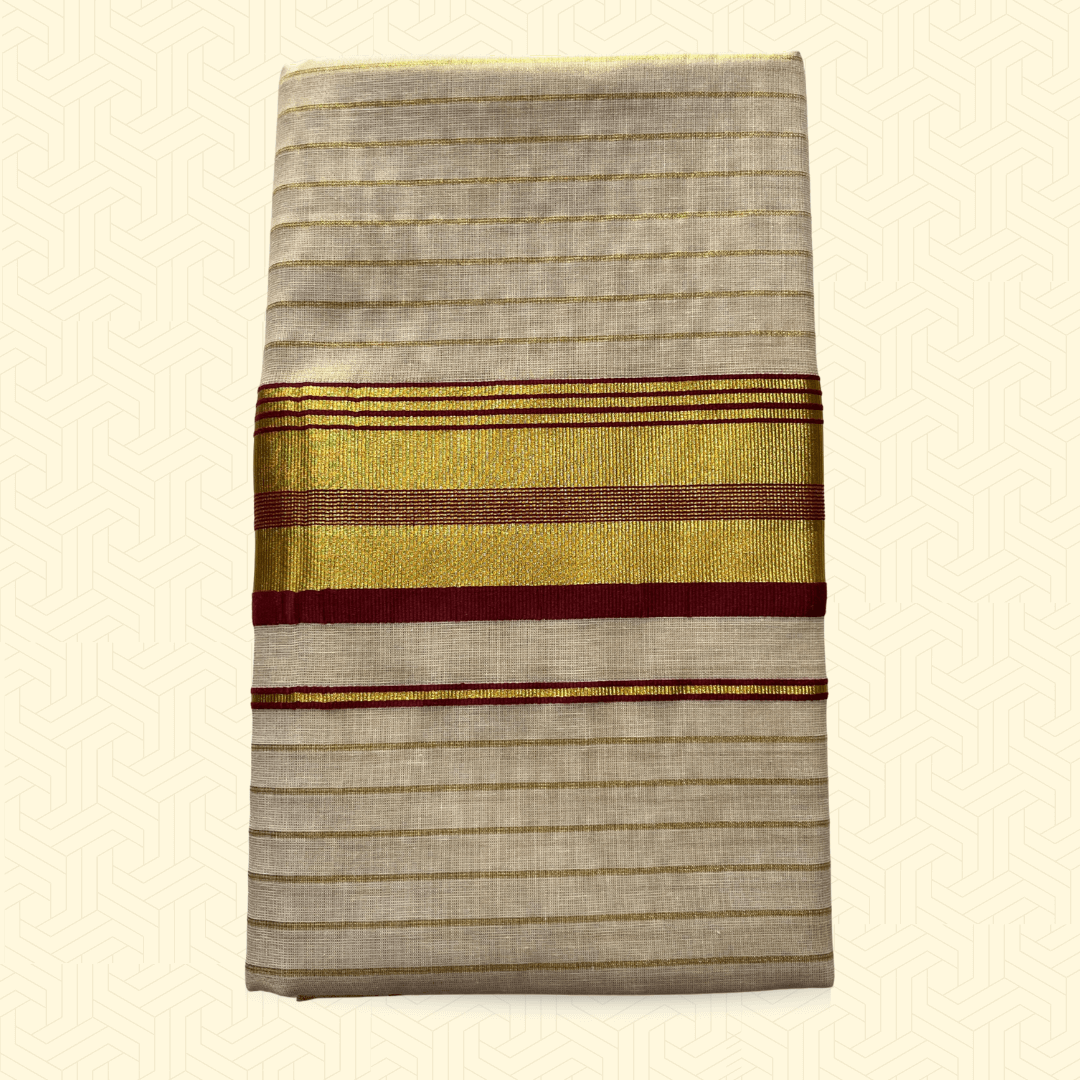 Balaramapuram Kasavu Tissue Cotton Saree – Golden Border with Maroon Stripes