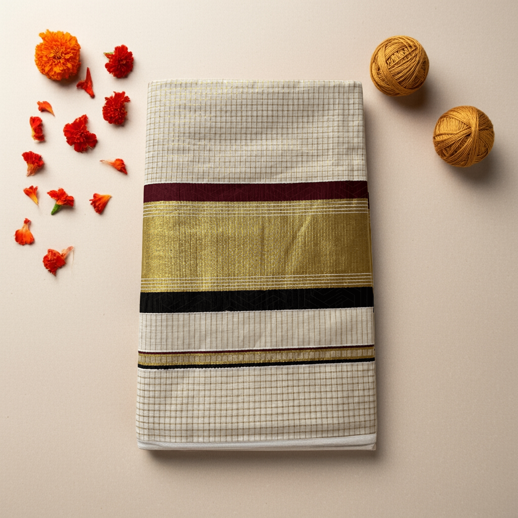 Balaramapuram Kasavu Saree – Checked Tissue Cotton with Golden Border & Maroon-Black Stripes (with Blouse Piece)