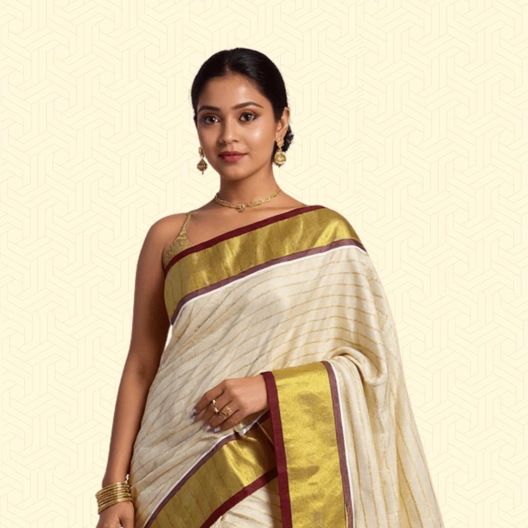 Balaramapuram Kasavu Tissue Cotton Saree – Golden Border with Maroon Stripes