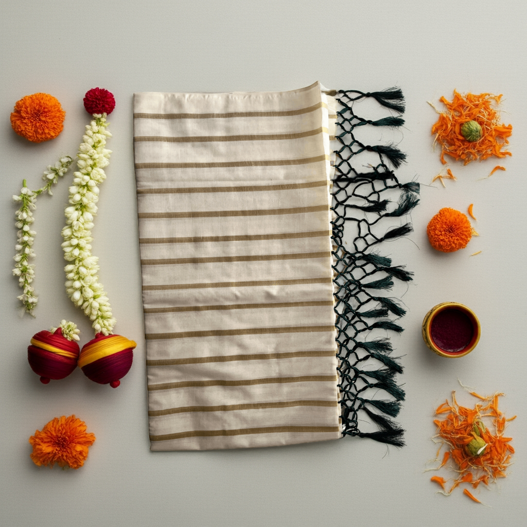 Balaramapuram Kasavu Cotton Saree – Golden Stripes with Green Tassel Pallu (with Blouse Piece)