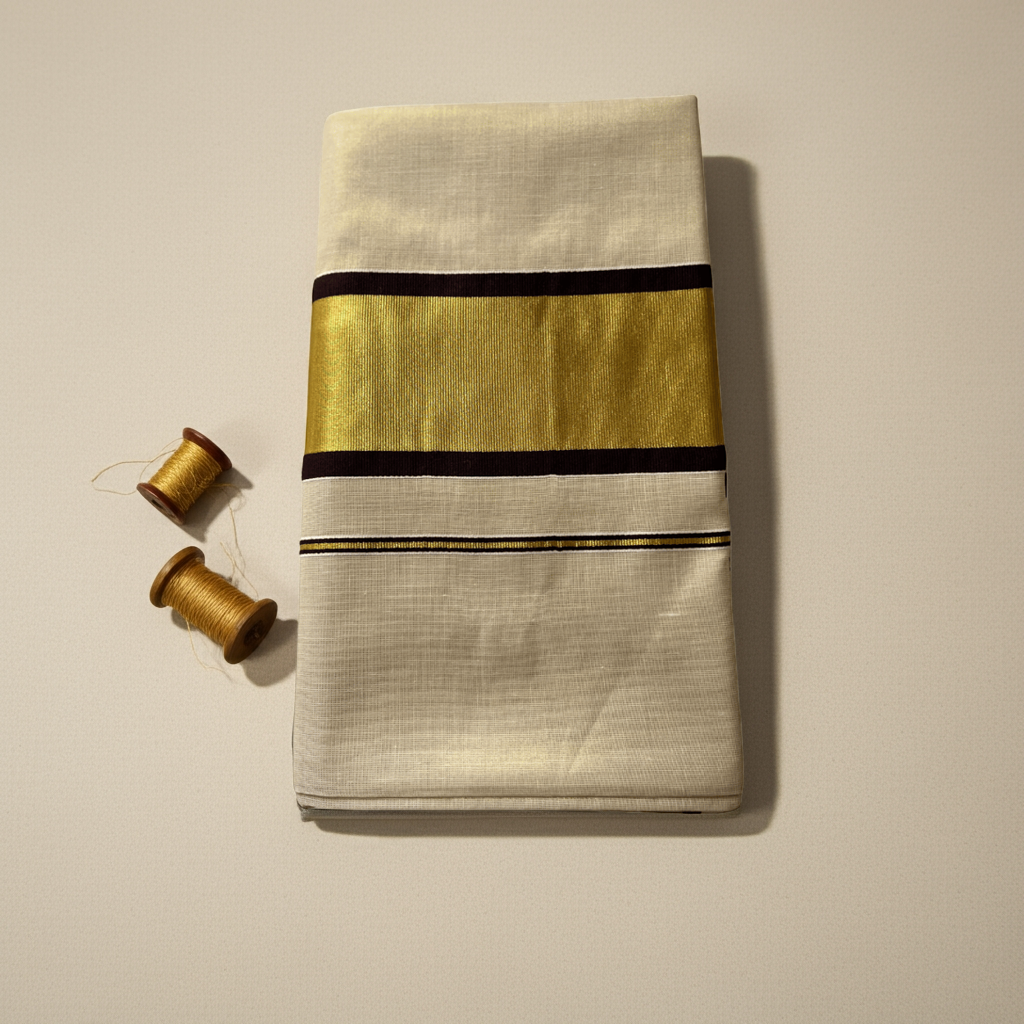 Balaramapuram Kasavu Saree – Golden Tissue Border with Coffee Brown Accents (with Blouse Piece)