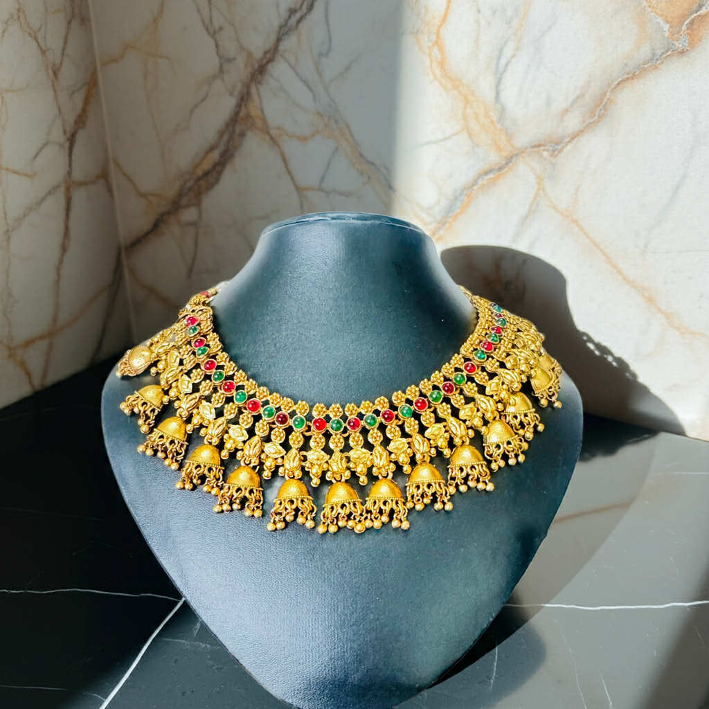Vintage Antique Temple Jewellery Necklace with Vibrant Rubies and Emeralds