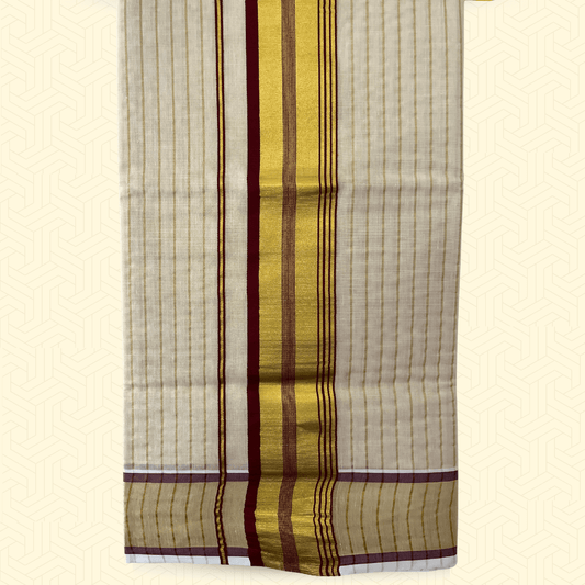 Balaramapuram Kasavu Tissue Cotton Saree – Golden Border with Maroon Stripes