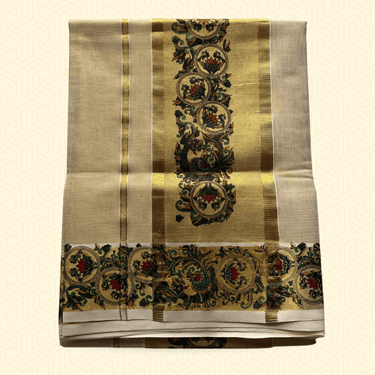 Balaramapuram Kasavu Tissue Cotton Saree – Golden Border with Ornate Floral Motifs