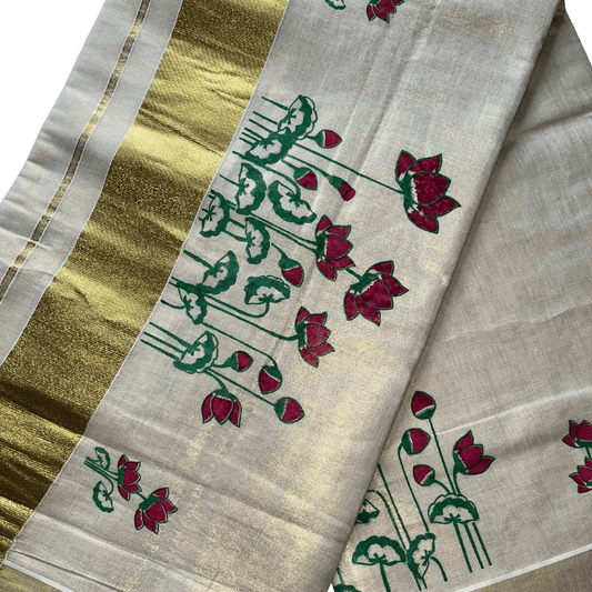Handloom Onam Set Saree – Kerala Kasavu with Lotus Print