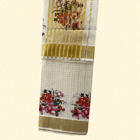 Balaramapuram Kasavu checked tissue cotton saree with golden stripes and multicolor floral print – House of Jashnn