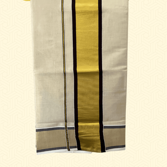 Balaramapuram Kasavu Saree – Golden Tissue Border with Coffee Brown Accents (with Blouse Piece)