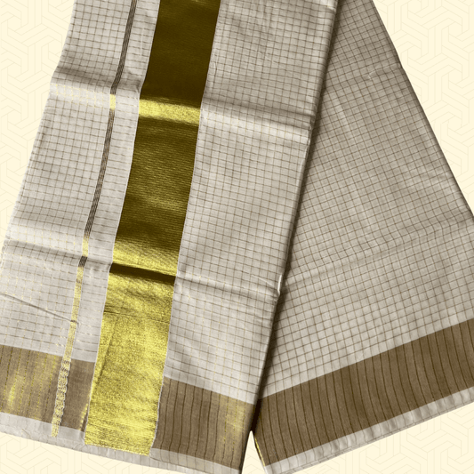 Balaramapuram Kasavu Saree – Checked Tissue Cotton with Broad Golden Border (with Blouse Piece)