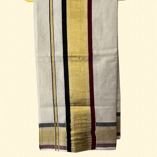 Balaramapuram Kasavu Saree – Checked Tissue Cotton with Golden Border & Maroon-Black Stripes (with Blouse Piece)