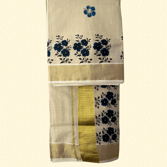 House of Jashnn Premium Balaramapuram Kasavu Saree – Golden Border with Blue Floral Motifs (with Blouse Piece)