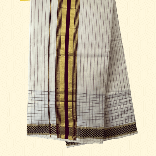 Balaramapuram Kasavu Saree – Checked Tissue Cotton with Golden & Purple Border (with Blouse Piece)