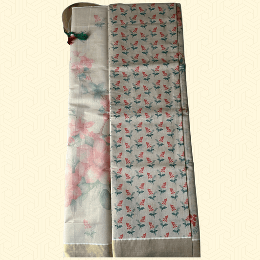 Premium Balaramapuram Kasavu Saree – Golden Border with Designer Floral Print & Tassel Pallu (with Blouse Piece)