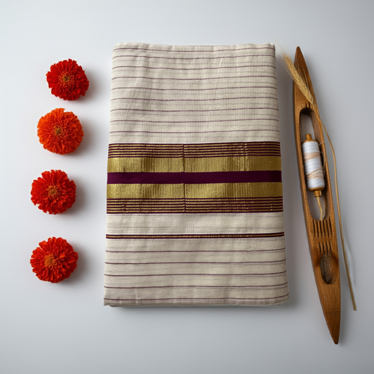 Balaramapuram Kasavu Saree – Checked Tissue Cotton with Golden & Purple Border (with Blouse Piece)