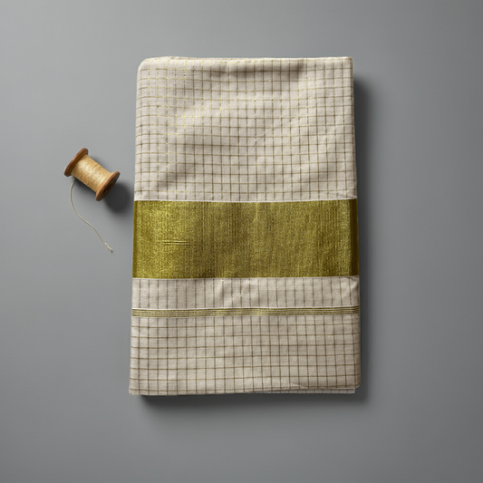 Balaramapuram Kasavu Saree – Checked Tissue Cotton with Broad Golden Border (with Blouse Piece)